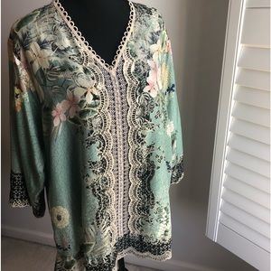 Johnny Was Floral Green Silk Blouse with Lace Detail, style C2212-2K, size XL